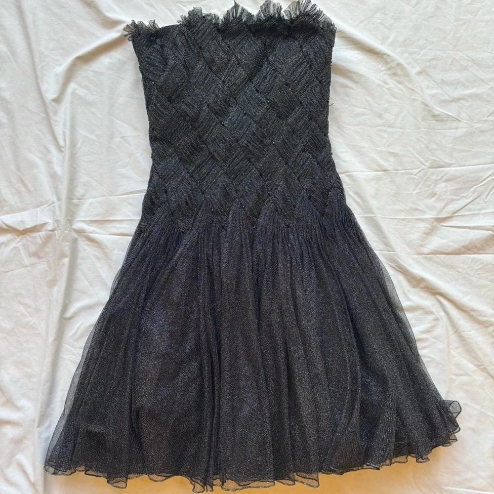 Tadashi Shoji black & silver mesh corset strapless rhinestone bead tulle dress